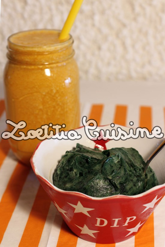 Jus de carotte, betterave jaune et pêche blanche avec glace banane, maca et spiruline